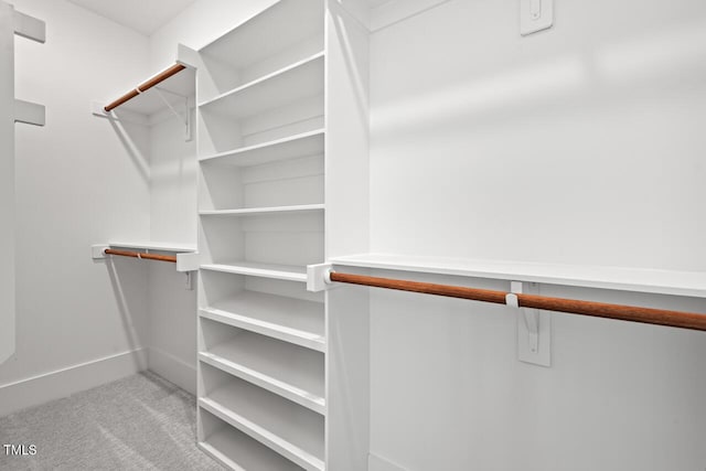 walk in closet featuring light carpet
