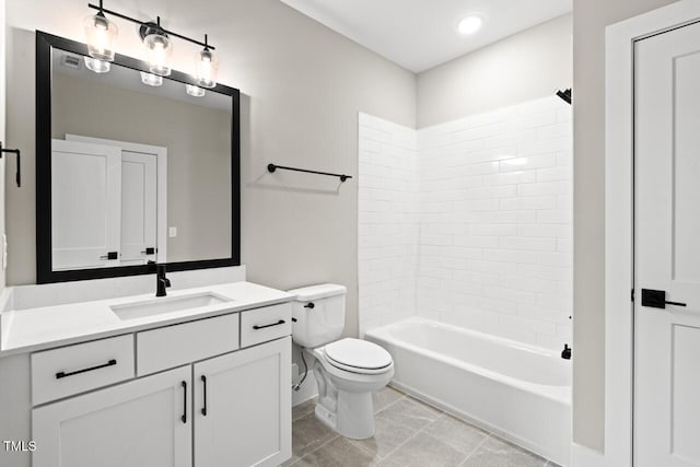 full bathroom with tiled shower / bath, vanity, toilet, and tile patterned flooring
