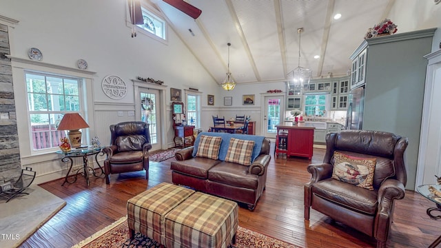 living room with high vaulted ceiling, dark wood-type flooring, and ceiling fan