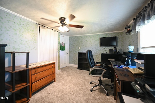 carpeted office space featuring crown molding, ceiling fan, and a textured ceiling