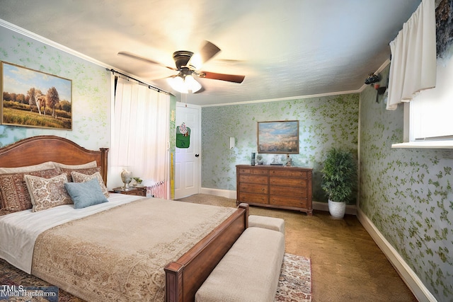 bedroom with crown molding, ceiling fan, and carpet flooring