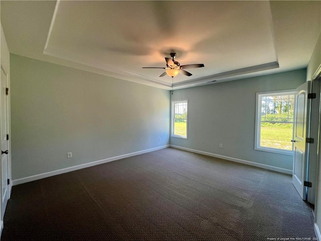 spare room featuring a tray ceiling, ceiling fan, a wealth of natural light, and carpet