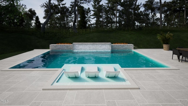 outdoor pool with a patio area and a hot tub