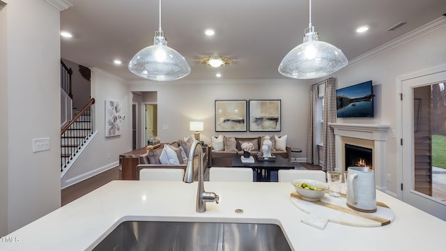 kitchen with hardwood / wood-style floors, decorative light fixtures, crown molding, and sink