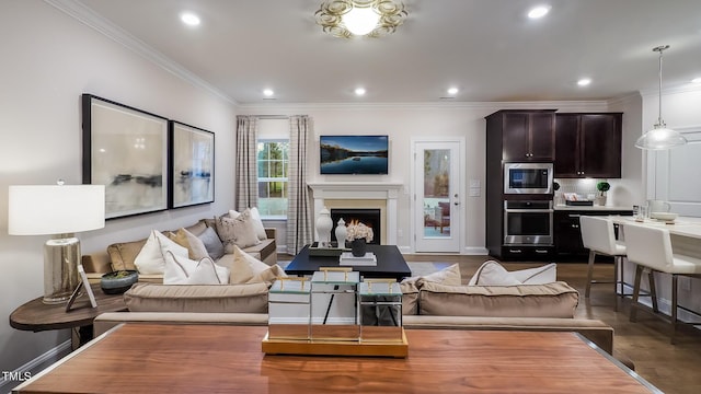 living room featuring dark hardwood / wood-style floors and ornamental molding