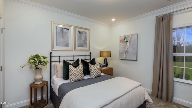 carpeted bedroom with ornamental molding