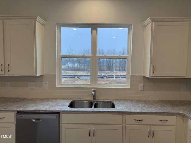 kitchen with white cabinets, dishwasher, and a sink