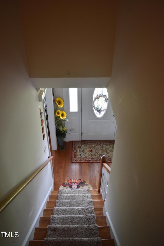 stairway with hardwood / wood-style floors