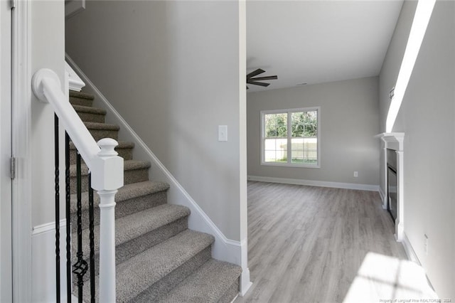 stairs with hardwood / wood-style flooring and ceiling fan