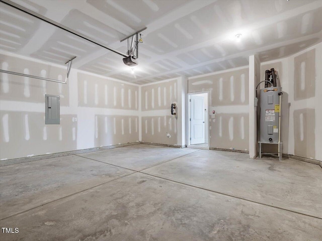 garage featuring a garage door opener, electric panel, and electric water heater