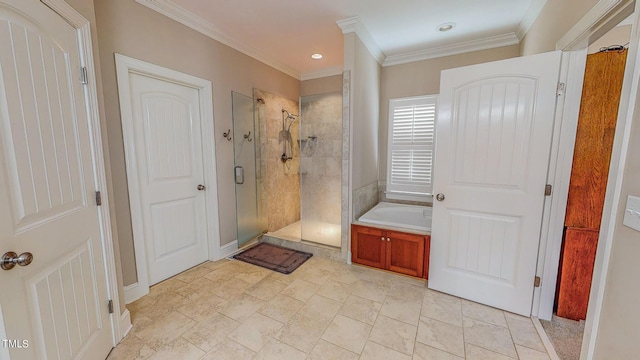 bathroom featuring ornamental molding and plus walk in shower