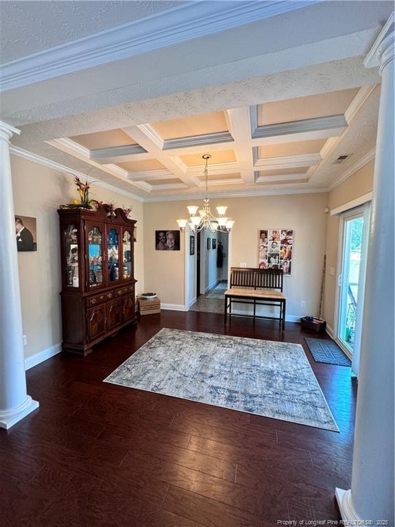 living room featuring dark wood-type flooring, decorative columns, coffered ceiling, ornamental molding, and beamed ceiling