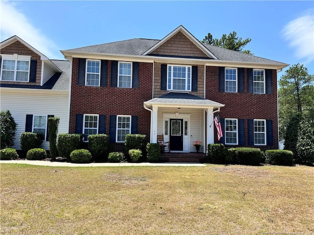 colonial inspired home with a front lawn