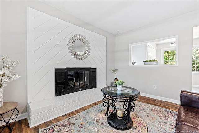 living room with hardwood / wood-style floors and a fireplace