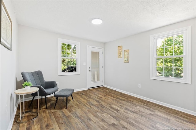 living area with wood-type flooring and a textured ceiling