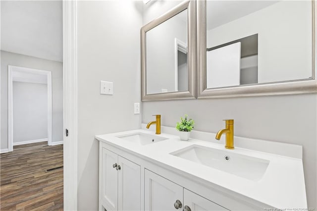 bathroom featuring hardwood / wood-style floors and vanity