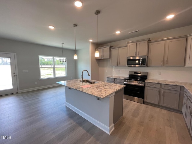 kitchen featuring pendant lighting, a kitchen island with sink, sink, and appliances with stainless steel finishes