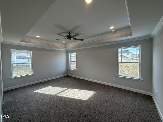 empty room with a healthy amount of sunlight, baseboards, and a raised ceiling