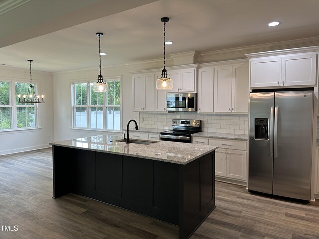 kitchen with stainless steel appliances, sink, a center island with sink, and white cabinets