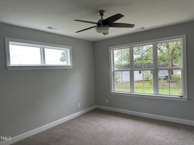 carpeted spare room with plenty of natural light and ceiling fan