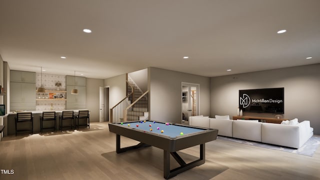 game room with pool table and light wood-type flooring