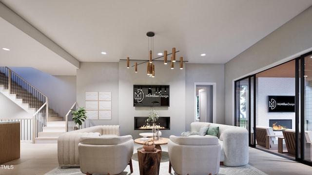 living room featuring a large fireplace and light hardwood / wood-style floors