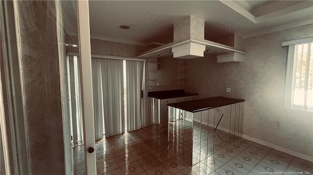 kitchen featuring light tile patterned floors, crown molding, and a healthy amount of sunlight