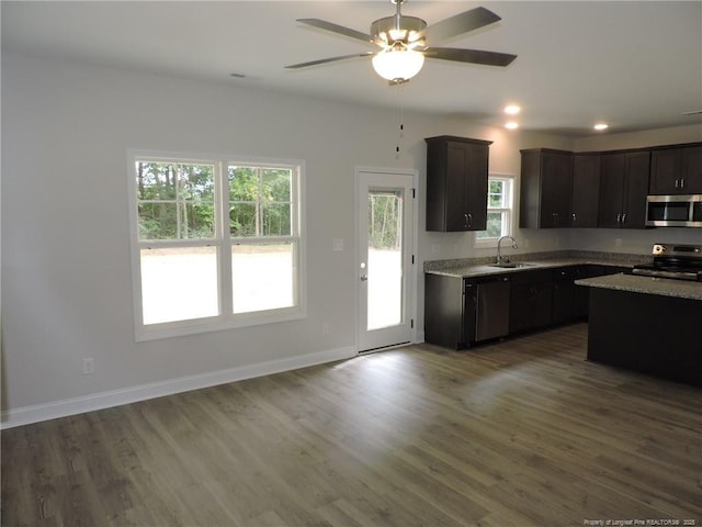 kitchen with dark hardwood / wood-style flooring, ceiling fan, sink, and stainless steel appliances