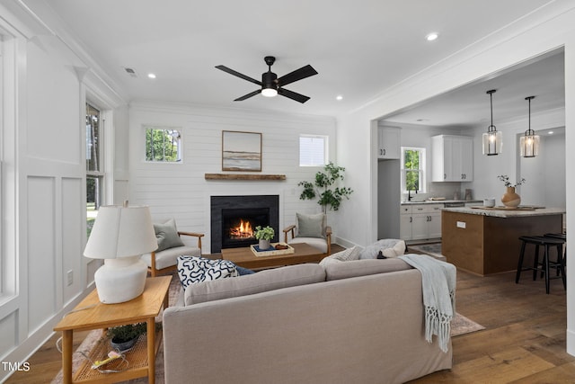 living room with dark wood-type flooring, ornamental molding, and a healthy amount of sunlight