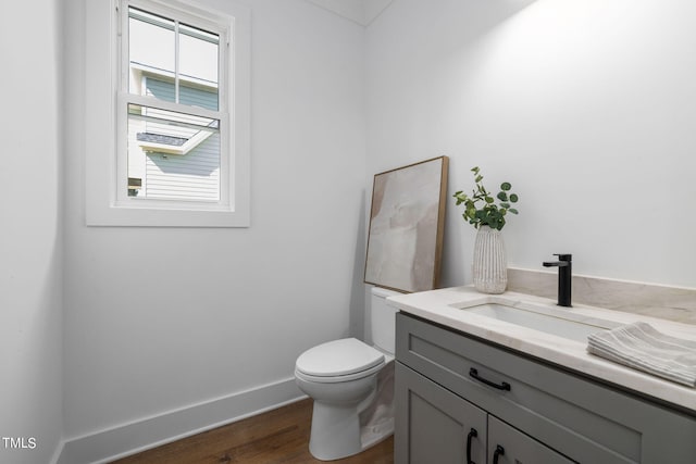 bathroom with vanity, wood-type flooring, and toilet