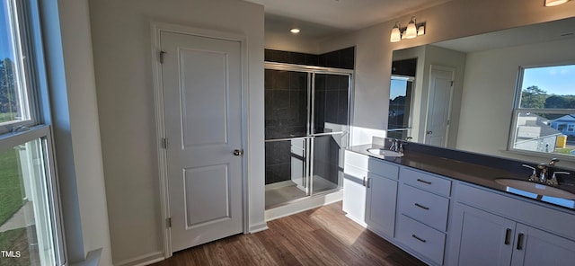 bathroom featuring vanity, plenty of natural light, a shower with shower door, and wood-type flooring