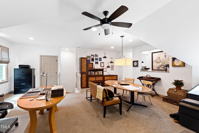1800 Bay Meadow Ct, Raleigh, NC 27615 - dining room with light colored carpet, a ceiling fan, and baseboards