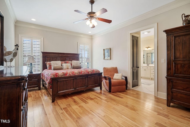 bedroom with connected bathroom, sink, crown molding, ceiling fan, and light hardwood / wood-style floors