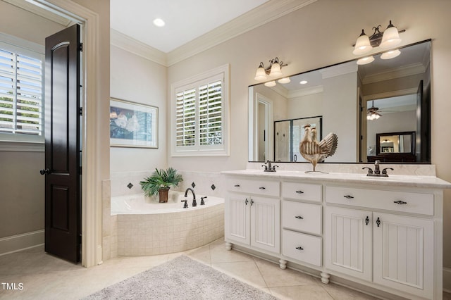 bathroom featuring tile patterned flooring, vanity, independent shower and bath, and ornamental molding