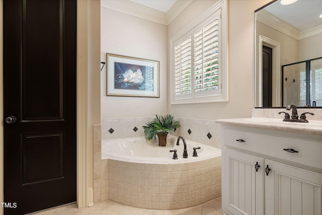 bathroom featuring ornamental molding, tile patterned floors, plus walk in shower, and vanity