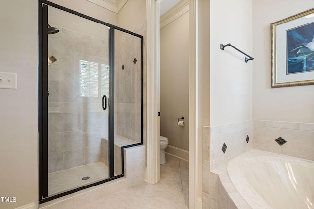 bathroom featuring crown molding, toilet, independent shower and bath, and tile patterned flooring