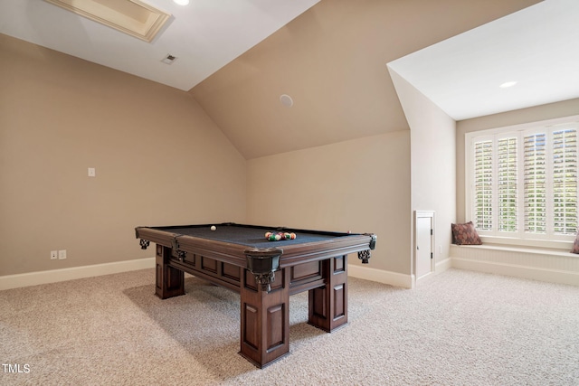 recreation room with pool table, vaulted ceiling, and light carpet