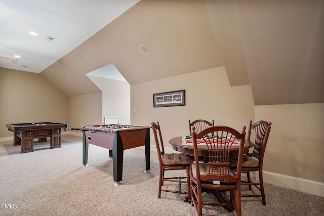 game room with light carpet, vaulted ceiling, and billiards