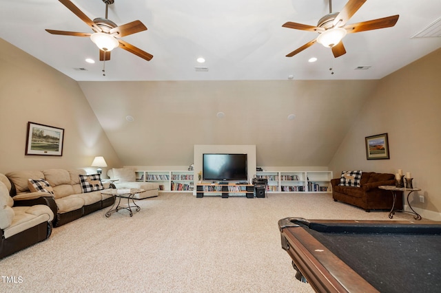 rec room with carpet floors, pool table, vaulted ceiling, and ceiling fan