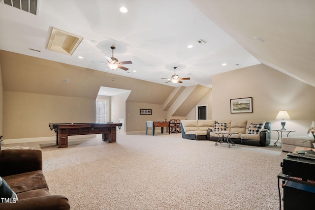 rec room featuring lofted ceiling, billiards, and carpet