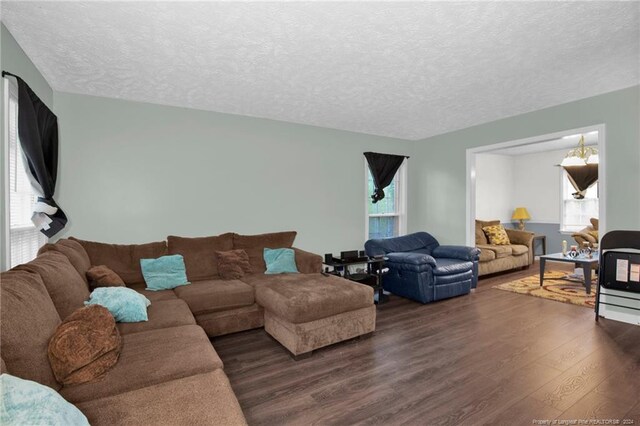 living room with dark wood-type flooring and a textured ceiling