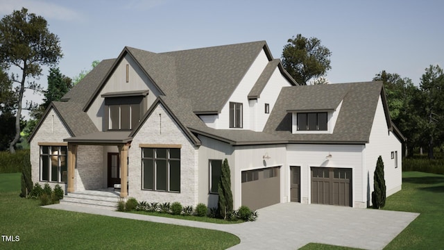 view of front of home featuring a shingled roof, a front yard, and driveway