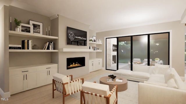 living area featuring crown molding, a lit fireplace, and light wood-style floors