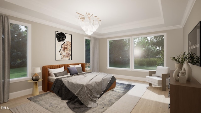 bedroom featuring a chandelier, wood finished floors, baseboards, a tray ceiling, and crown molding