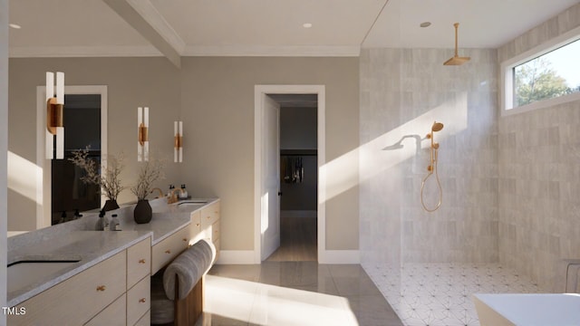 full bathroom featuring crown molding, vanity, a walk in shower, baseboards, and tile patterned floors