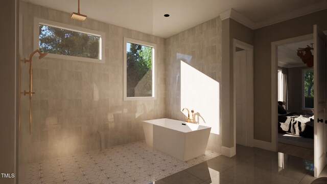 bathroom featuring a walk in shower, crown molding, a freestanding tub, and tile patterned floors