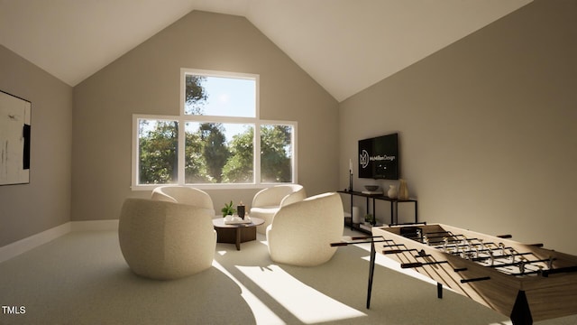 playroom featuring baseboards, high vaulted ceiling, and carpet flooring