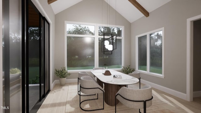 dining area featuring high vaulted ceiling, light wood-style flooring, baseboards, and beam ceiling