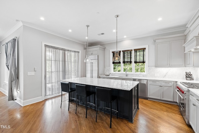 kitchen with decorative backsplash, a center island, visible vents, and premium appliances