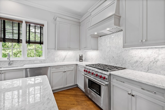 kitchen with backsplash, premium range hood, appliances with stainless steel finishes, sink, and light stone counters